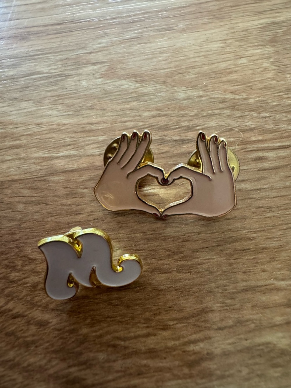 Gold Tone Hand Heart and White Wave Enamel Lapel Pin Set - Picture 2 of 3